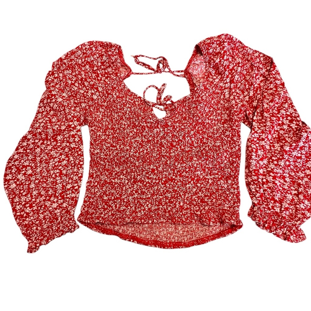 Sim & Sam Red Floral Print Long Sleeve Crop Top Size Large Women’s Light-weight